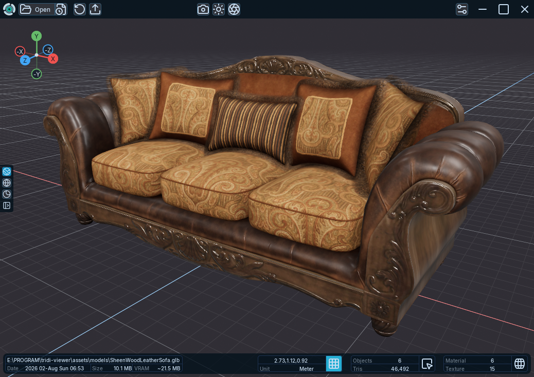 Tridi Viewer displaying a detailed, fully textured sofa model
